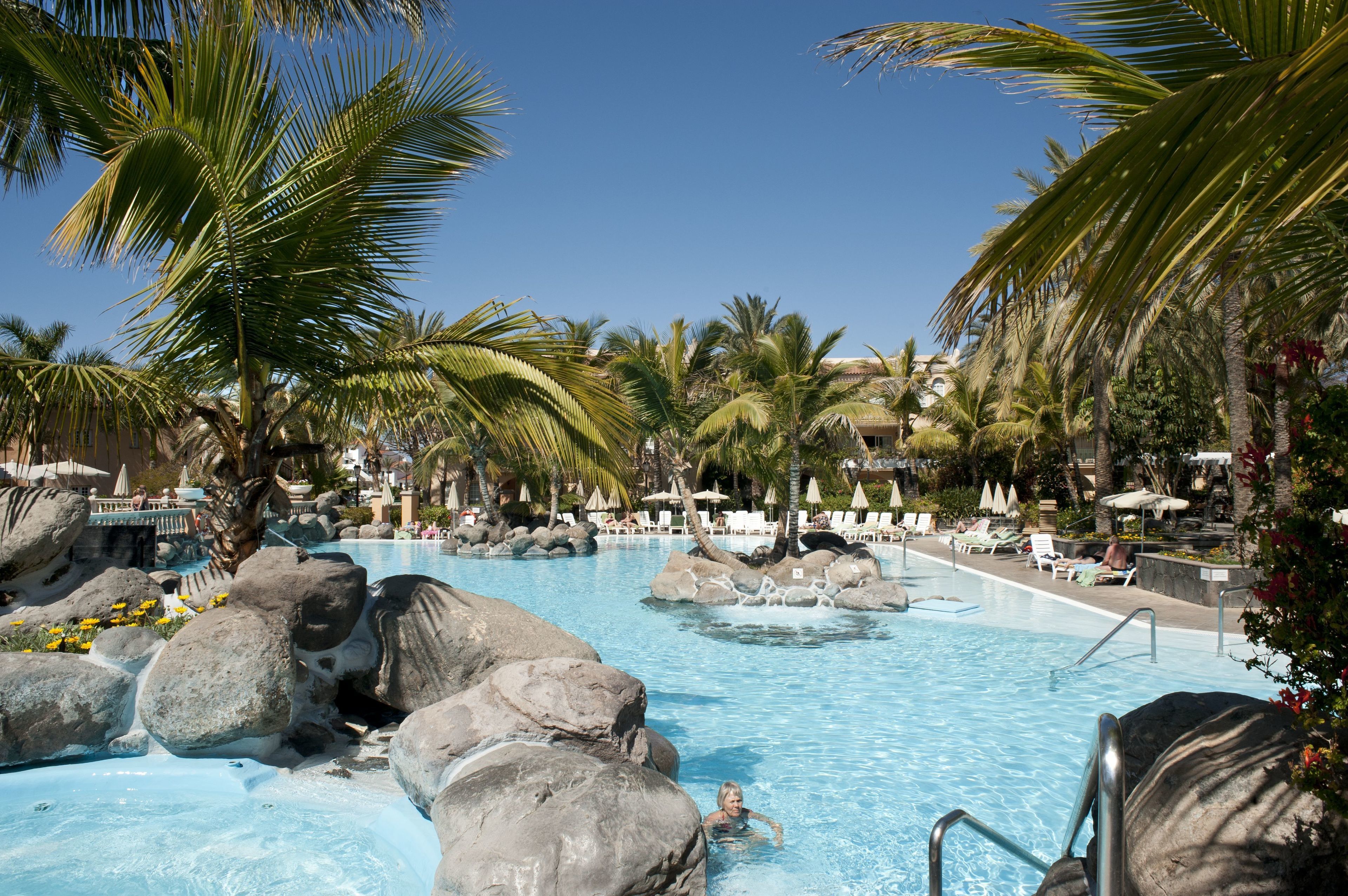 Un área de piscina con rocas grandes, palmeras y sillas de descanso.