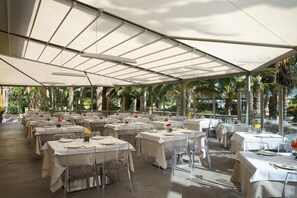 Un espacio al aire libre cubierto con mesas y sillas, rodeado de palmeras y vegetación.