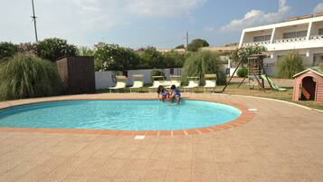 Seasonal outdoor pool, pool umbrellas, sun loungers