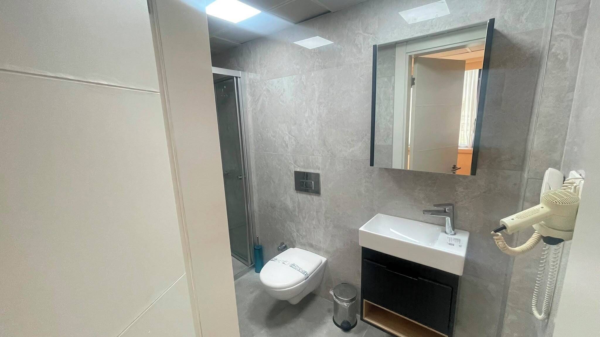 A bathroom with a toilet, sink, and hairdryer.