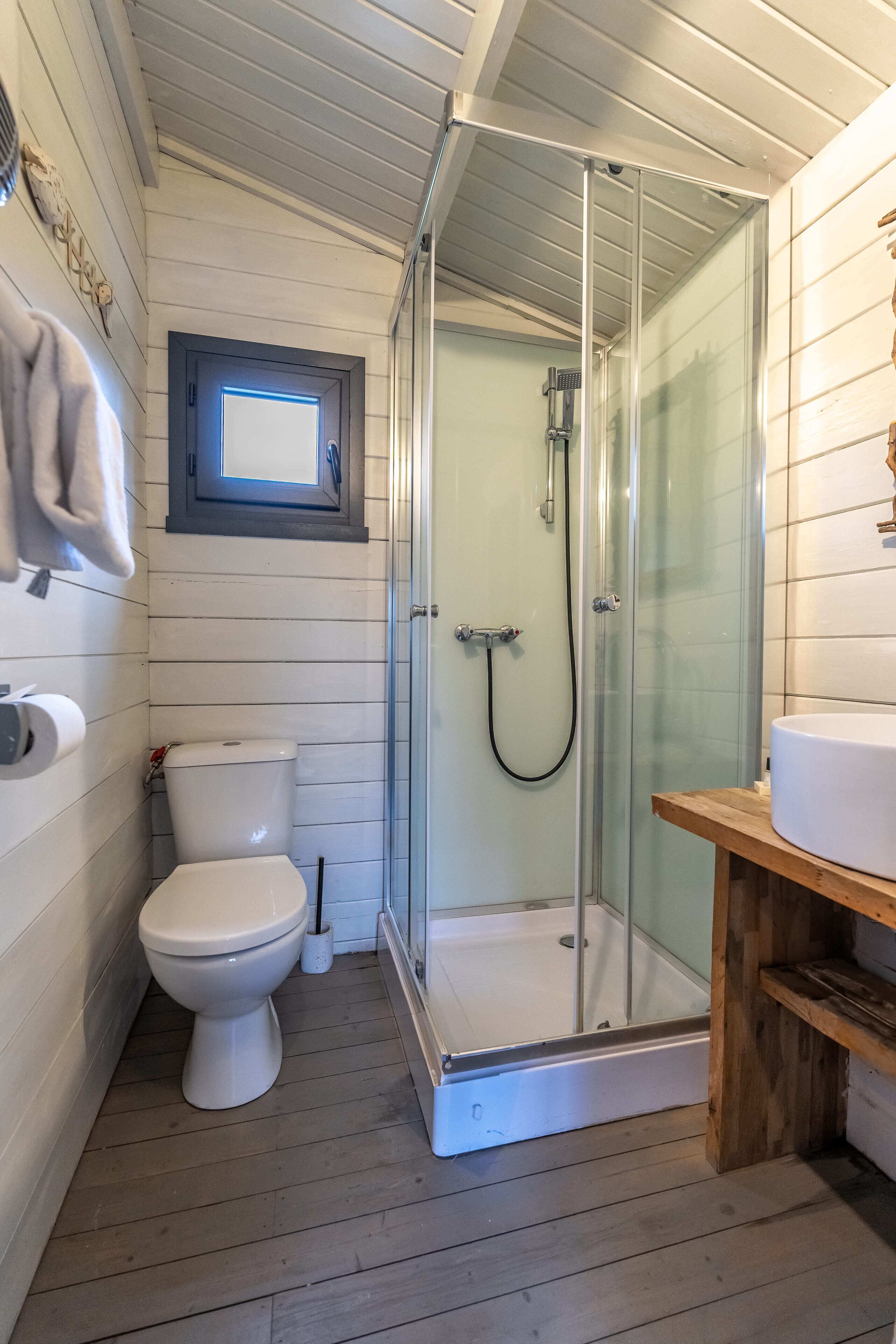A bathroom with a glass-enclosed shower, a toilet, and a sink with a wooden countertop.