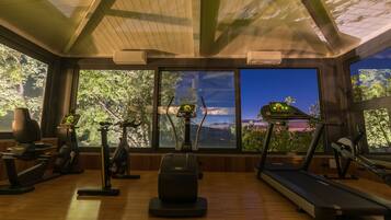 A gym with exercise equipment, large windows, and a view of a canyon at dusk.