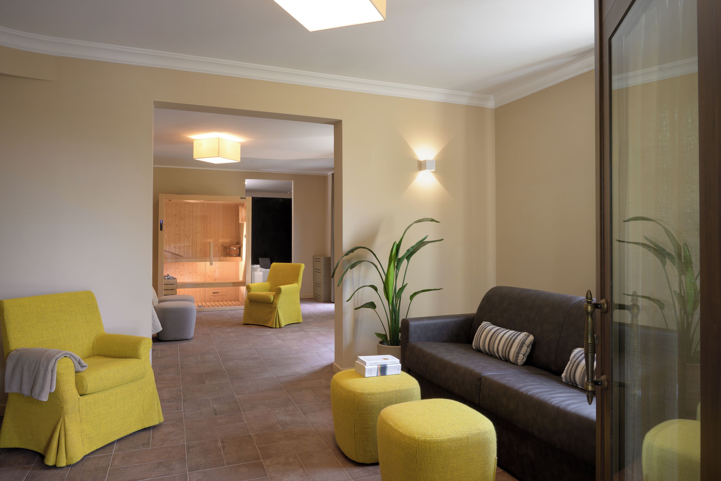 A modern living room with yellow armchairs, a grey sofa, and a large plant.