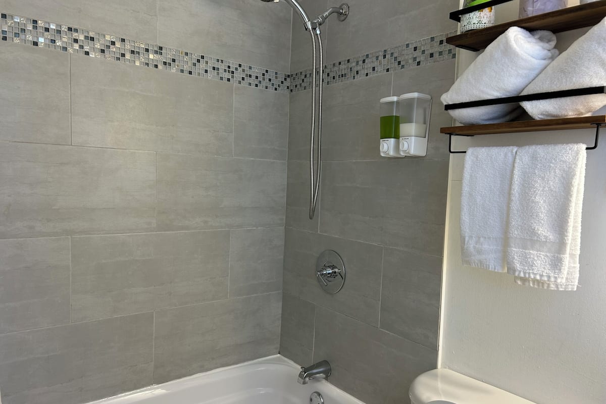 Combined shower/tub, rainfall showerhead, free toiletries, hair dryer
