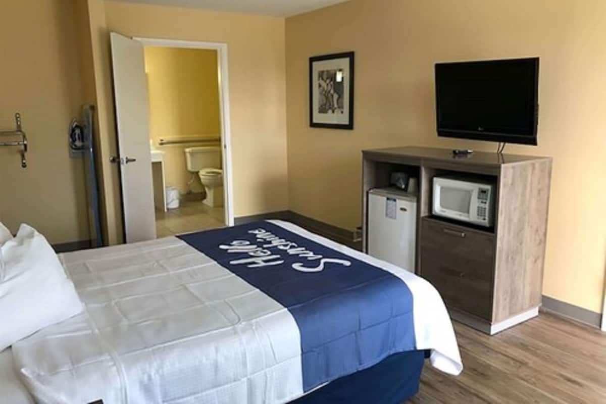 A hotel room with a bed, a television, a microwave, and a small refrigerator.