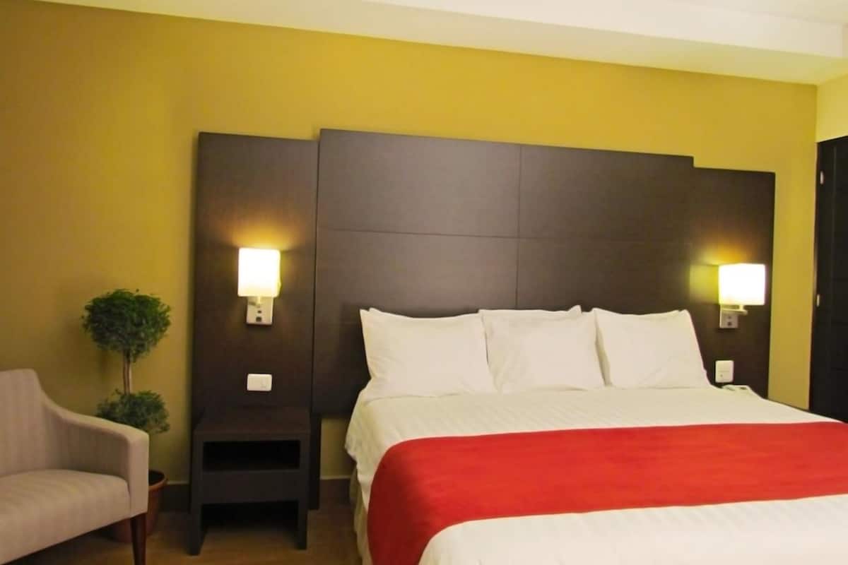 A hotel room with a bed, two bedside lamps, a small table, a chair, and a potted plant.