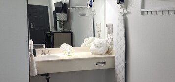 Memory foam beds, desk, laptop workspace, blackout drapes