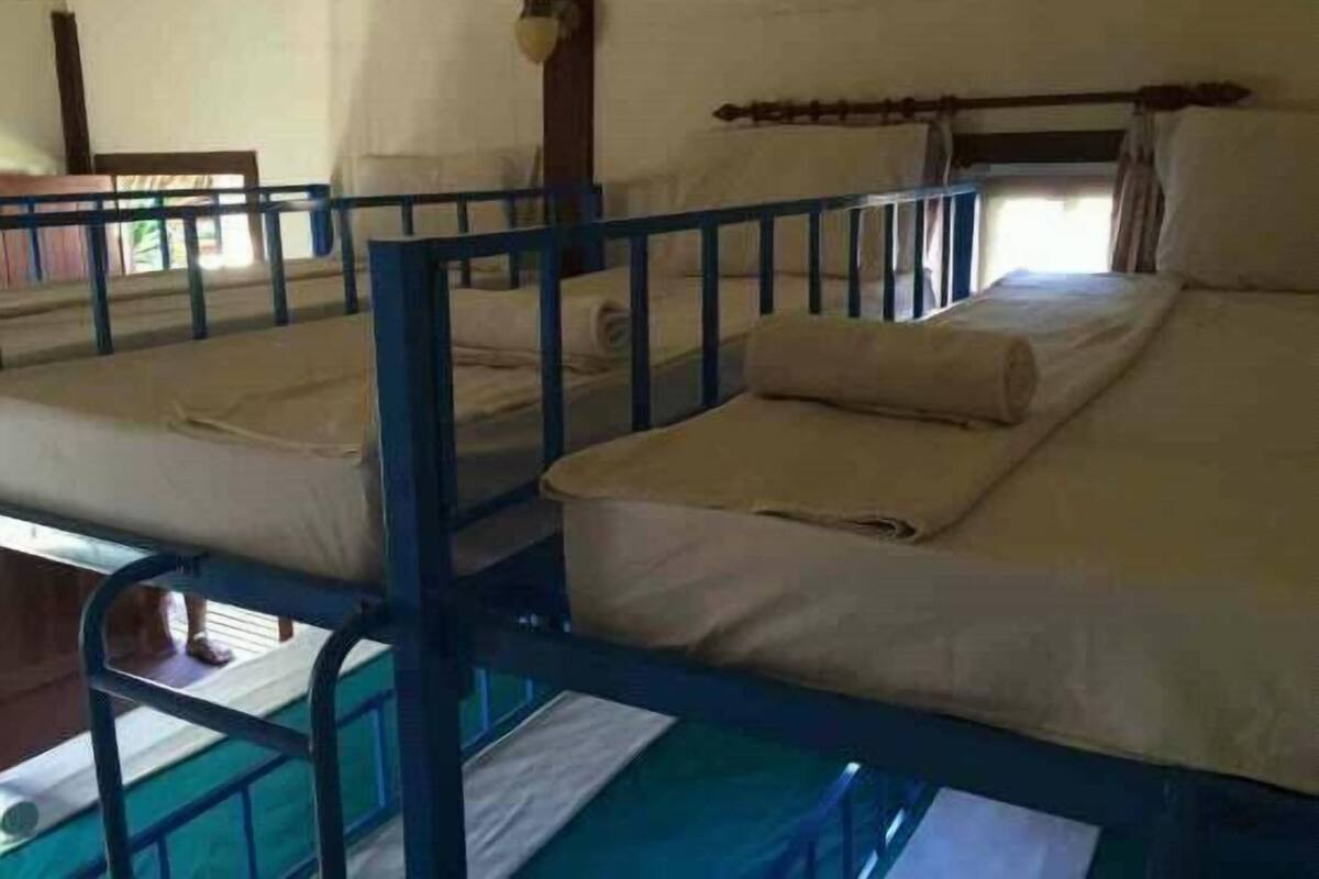 A dormitory room with bunk beds, a small table, and a window with curtains.