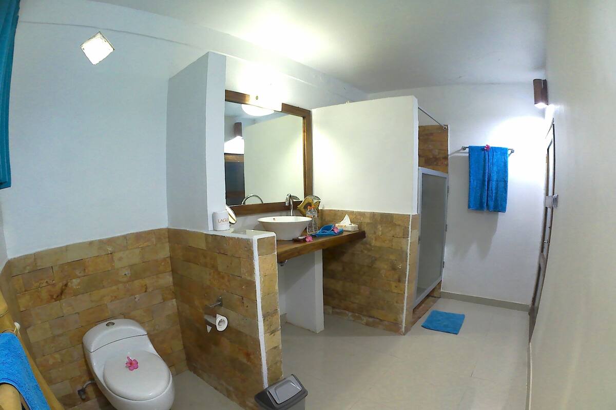 Een badkamer met toilet, wastafel, spiegel en douche.