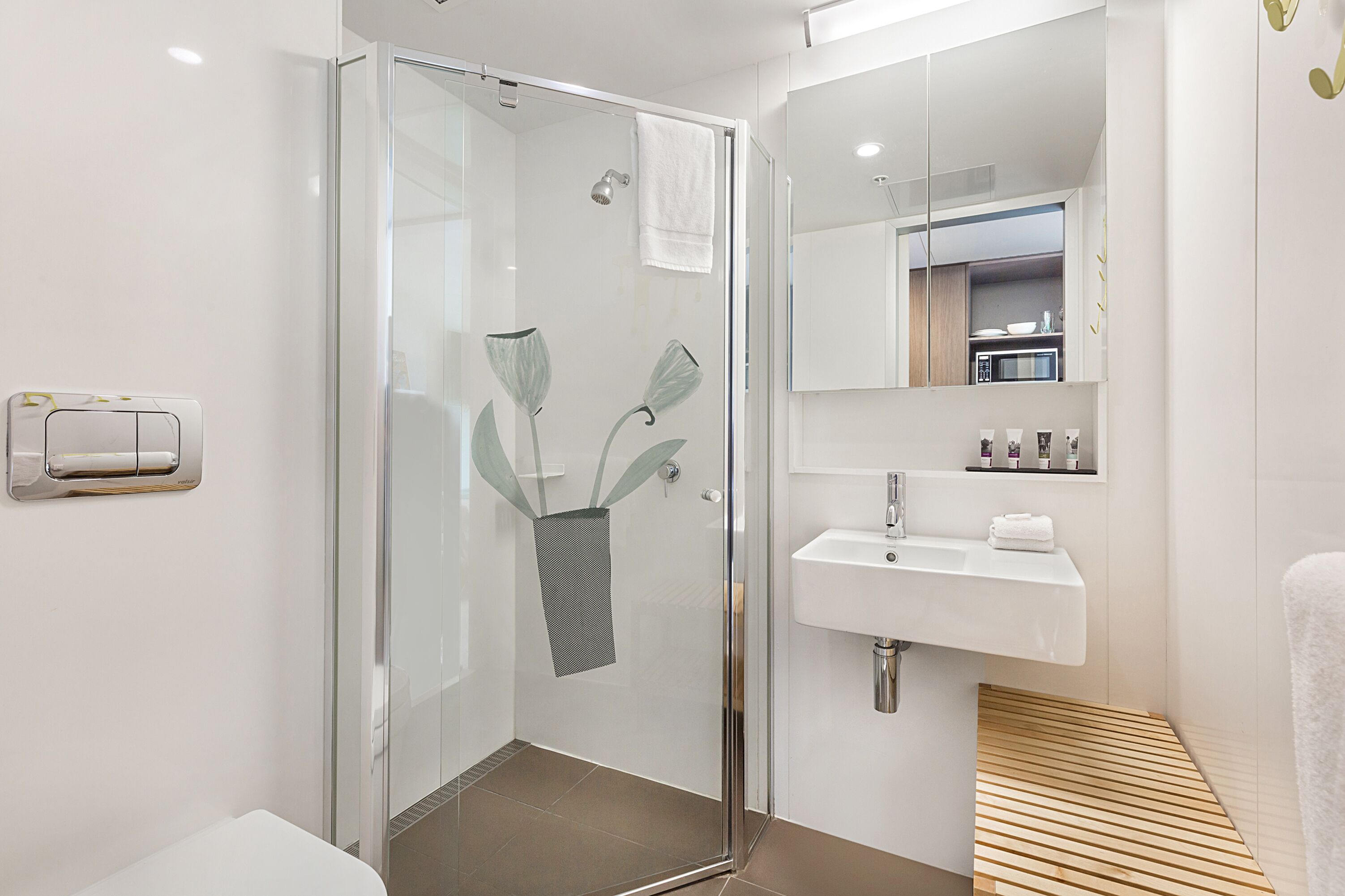 shower, designer toiletries, hair dryer, towels