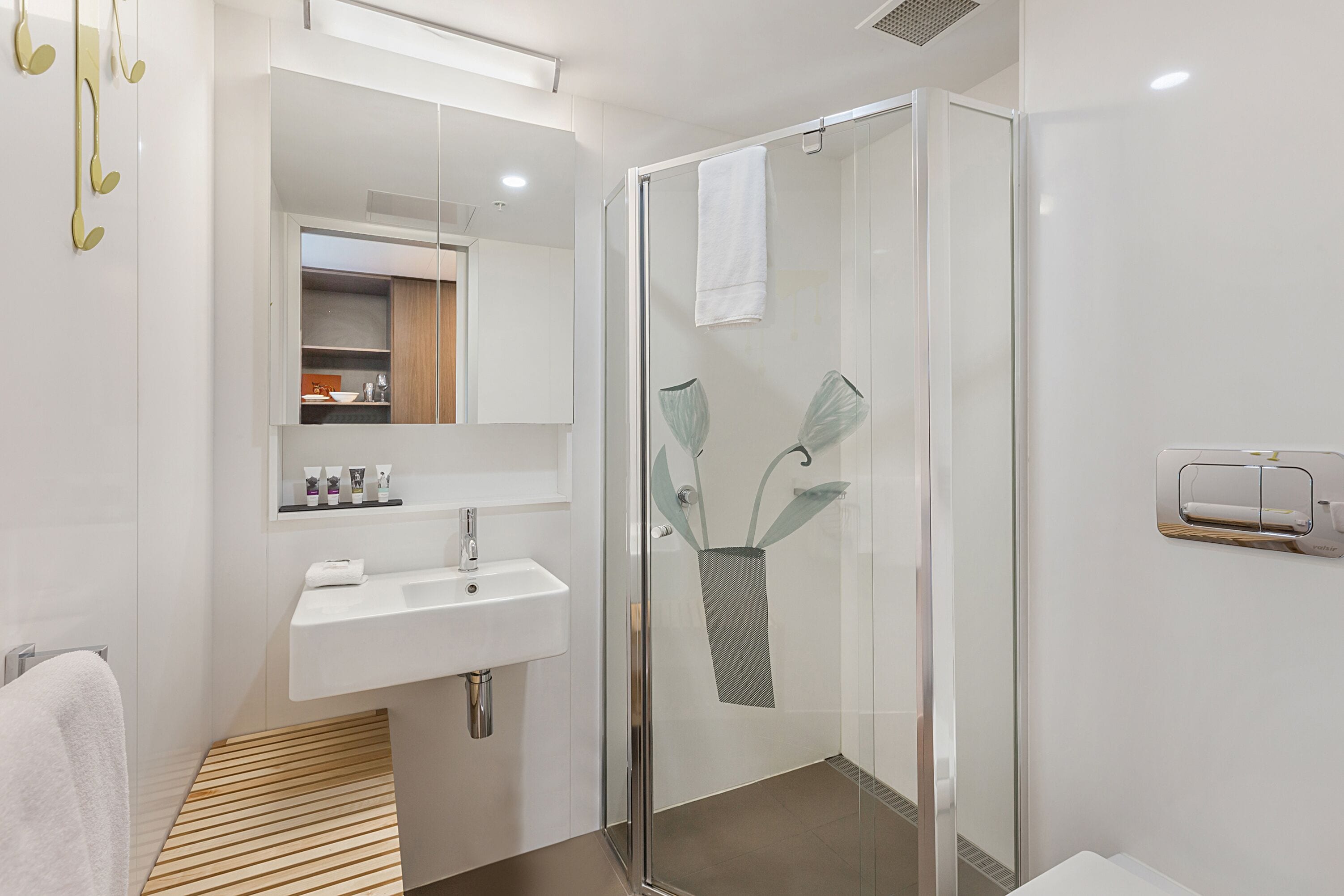 A modern bathroom with a glass shower enclosure, a white sink, and a mirror above it.