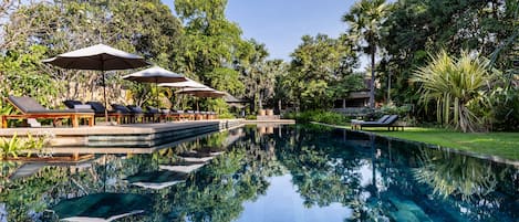 Outdoor pool, pool umbrellas, pool loungers