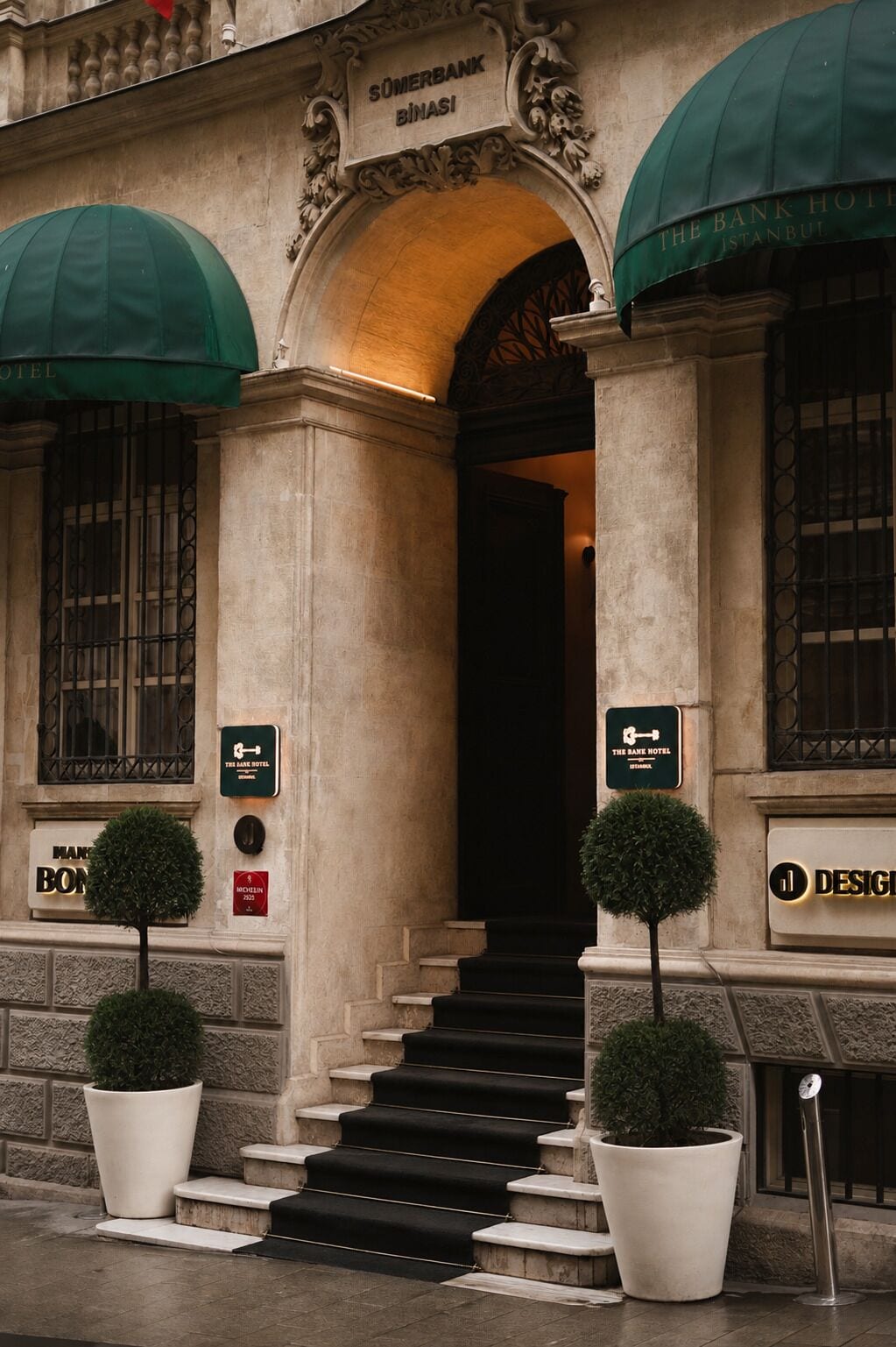 A hotel entrance with a grand archway, steps leading up to the door, and two potted trees.