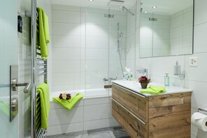 Ducha, secador de pelo, toallas, papel higiénico