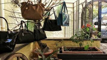 Ein Zimmer mit hängenden Taschen, einem Blumentopf und einem Fenster mit Blick.