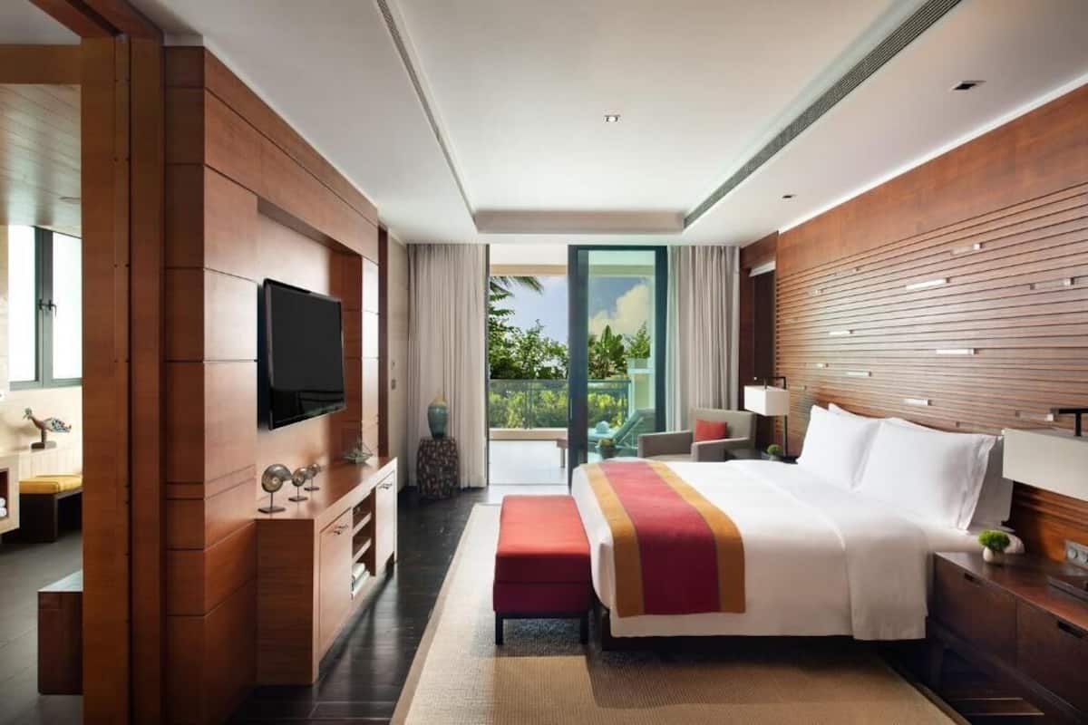 A modern hotel room with a large bed, a TV, a desk, and a balcony with a view of greenery.