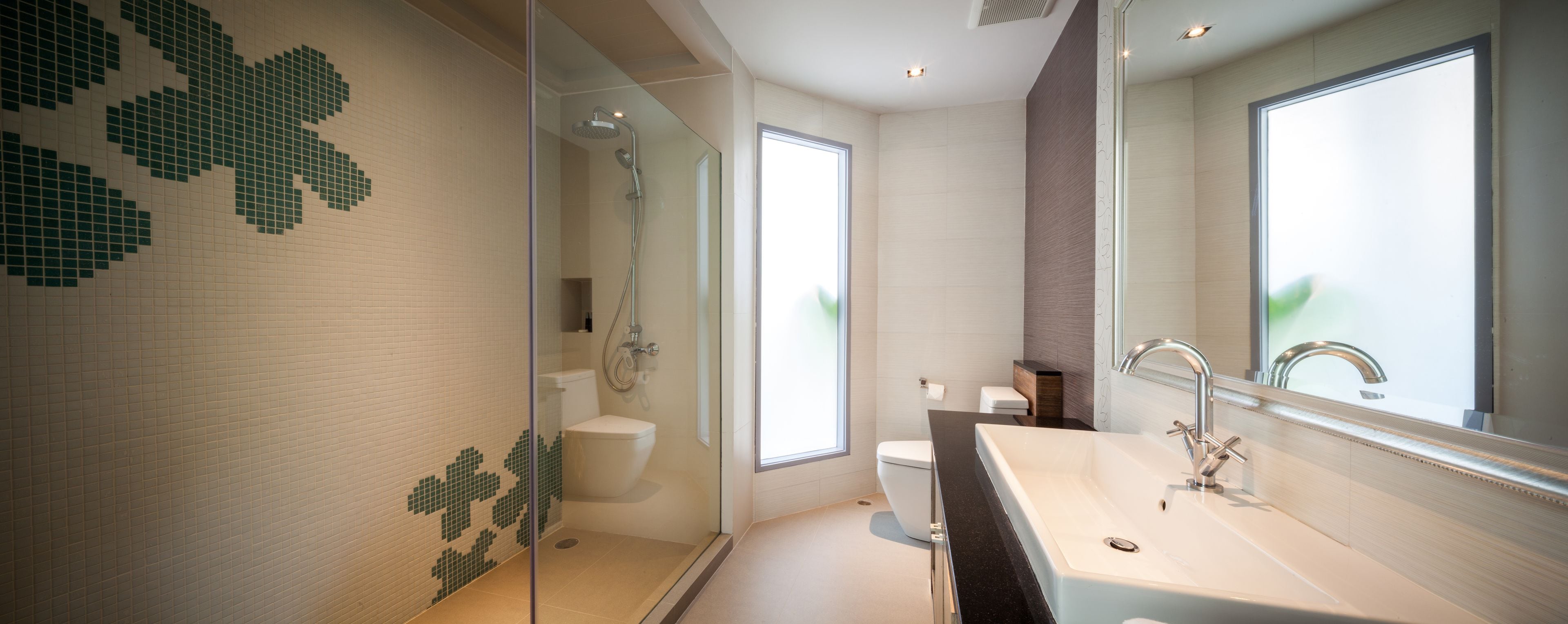 villa | bathroom | rainfall showerhead, free toiletries, hair dryer, bathrobes