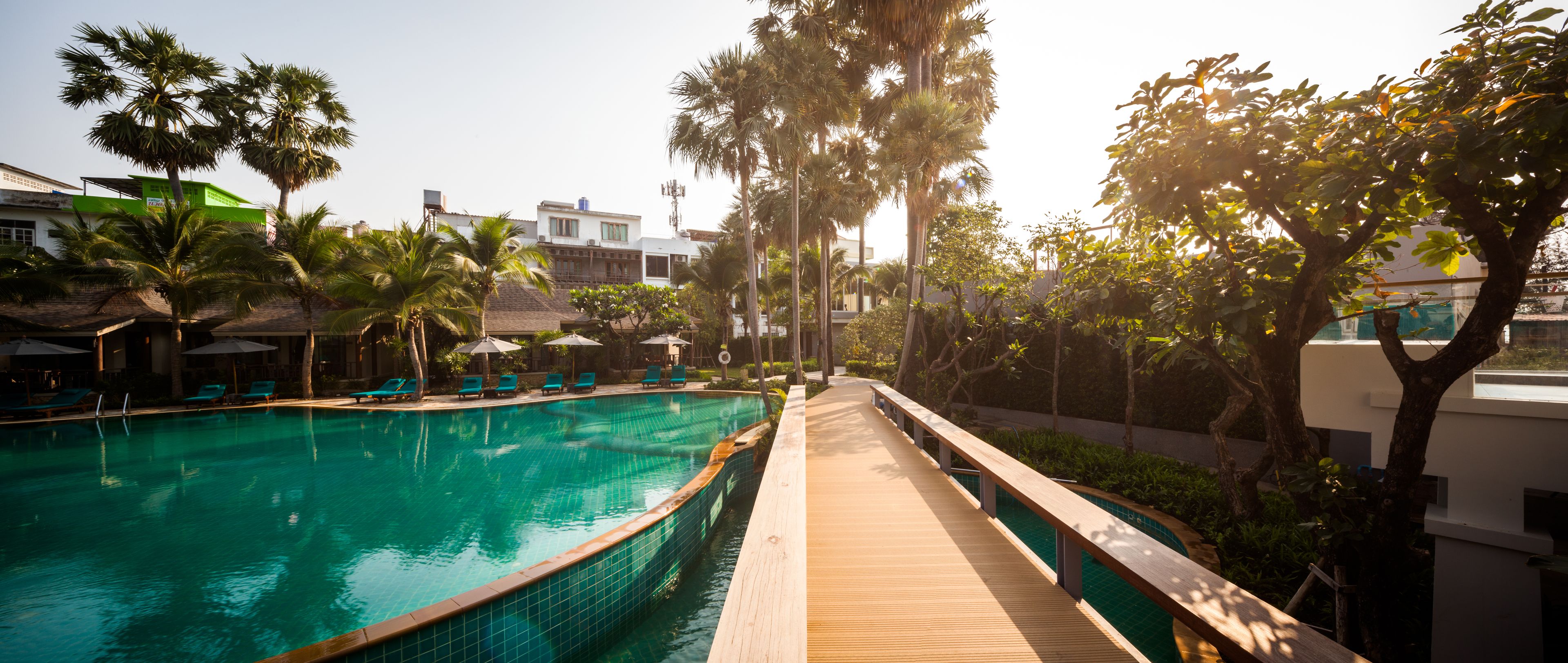 Una piscina con muelle de madera, rodeada de palmeras y sillones de descanso.