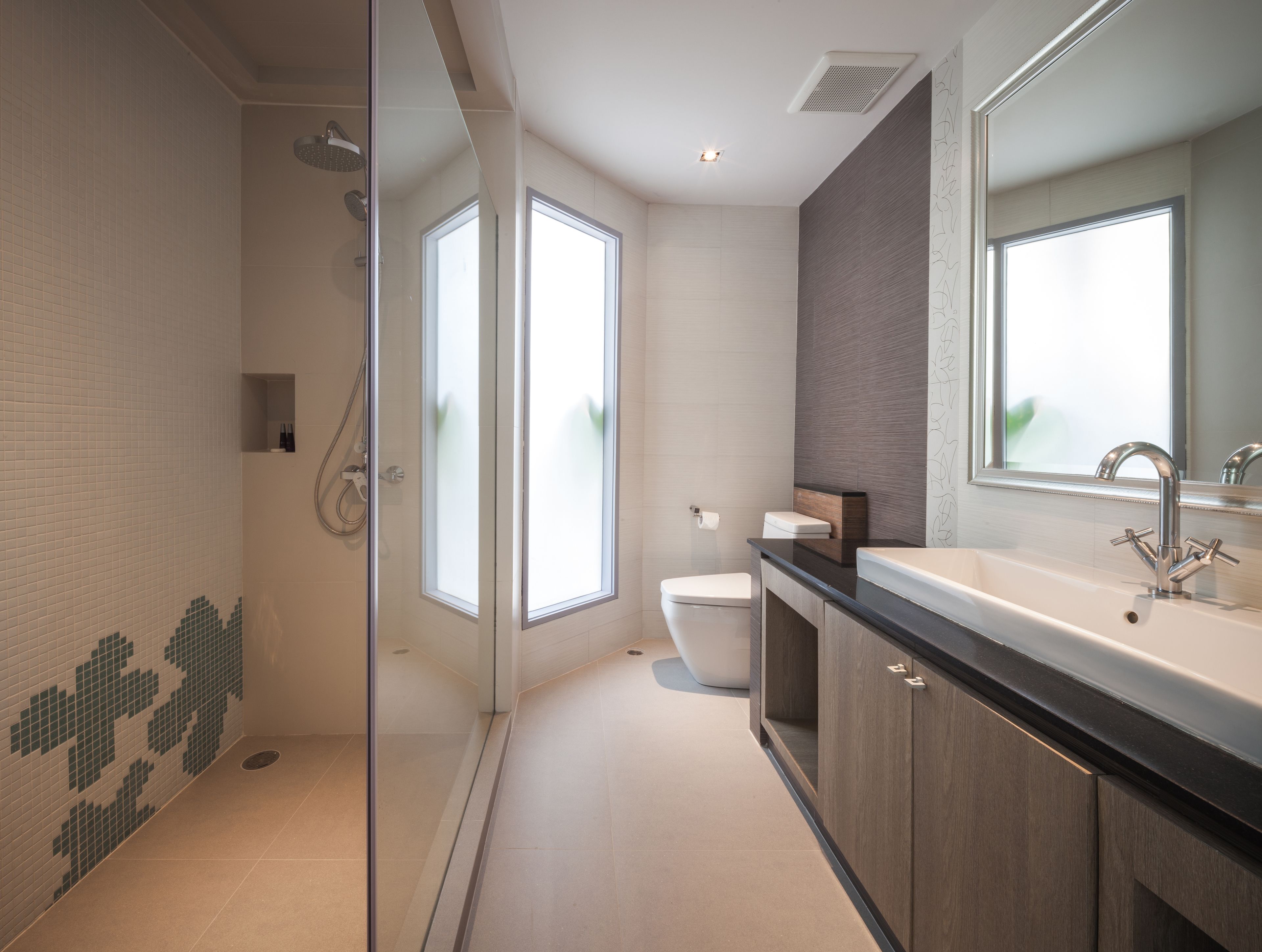 villa | bathroom | rainfall showerhead, free toiletries, hair dryer, bathrobes