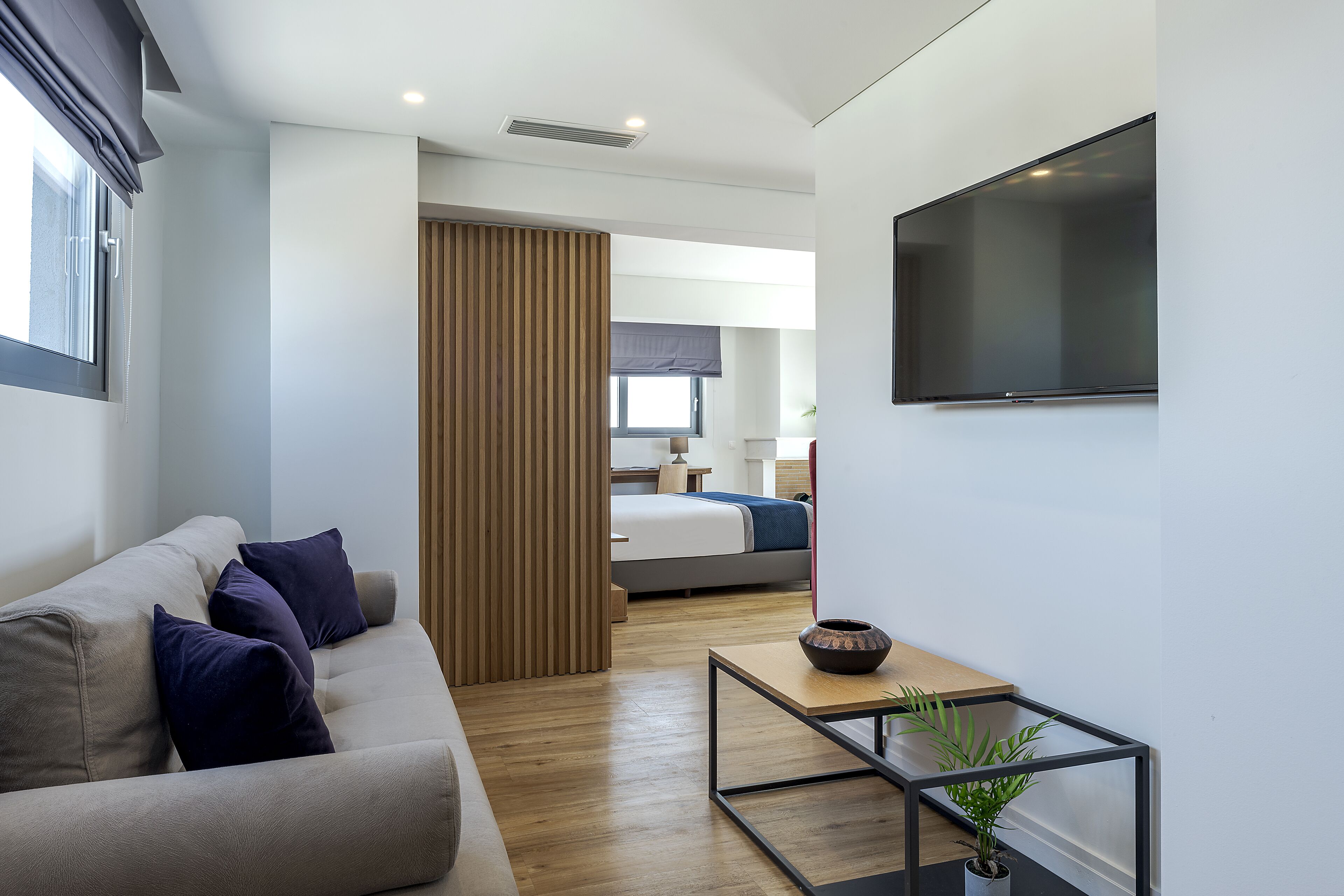A modern hotel room with a sofa, a bedside table with a plant, a bed with a blue blanket, and a large TV on the wall.