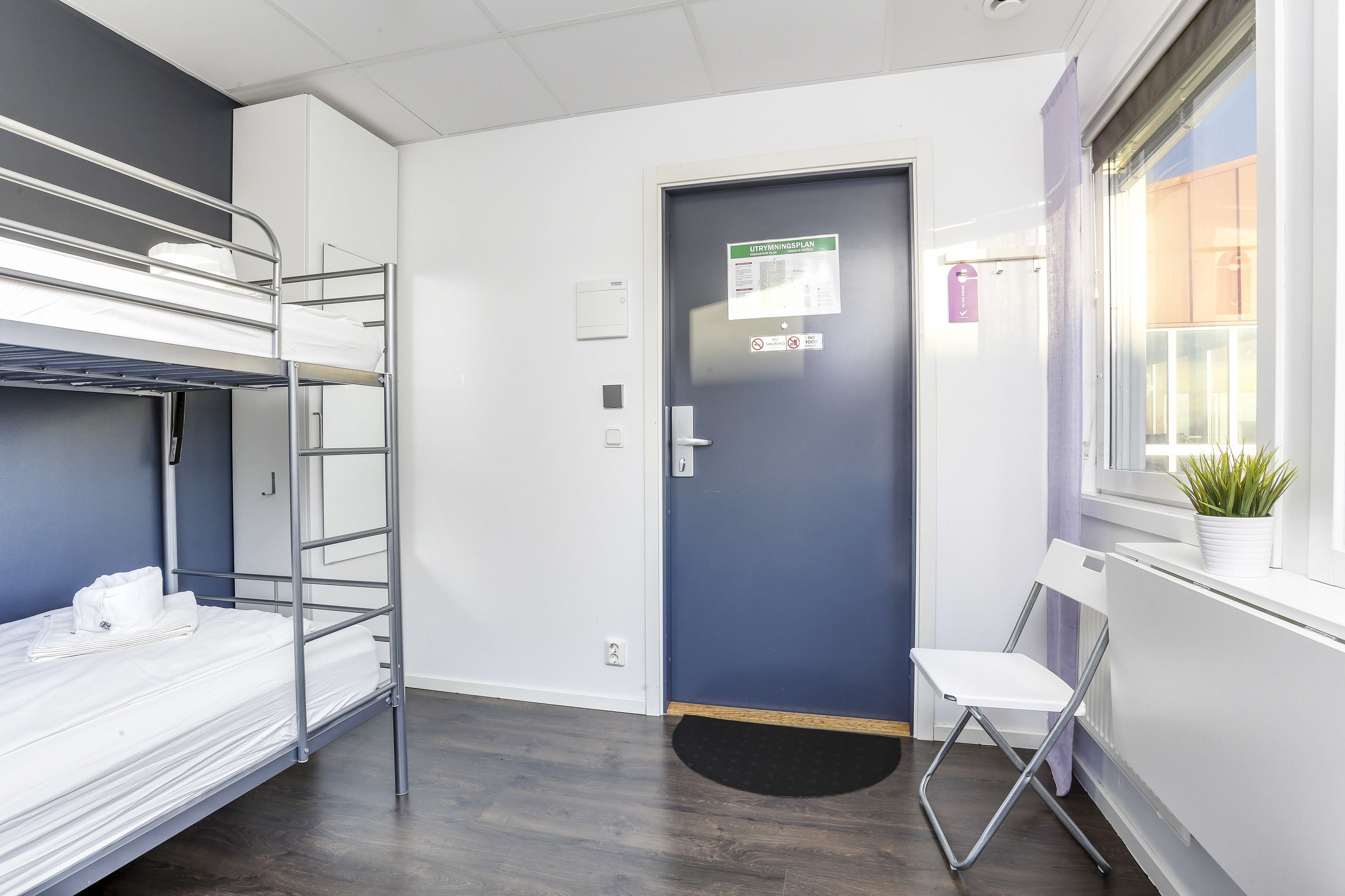 A dormitory room with bunk beds, a door with a notice, a radiator, and a window with a plant.