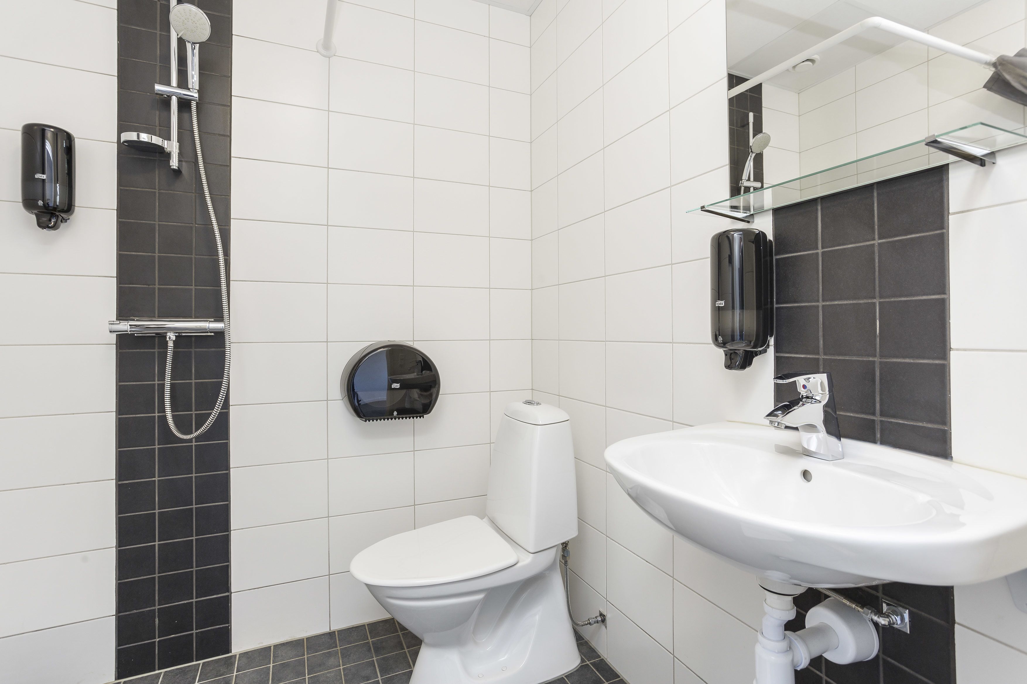 A modern bathroom with a white sink, a toilet, and a shower.