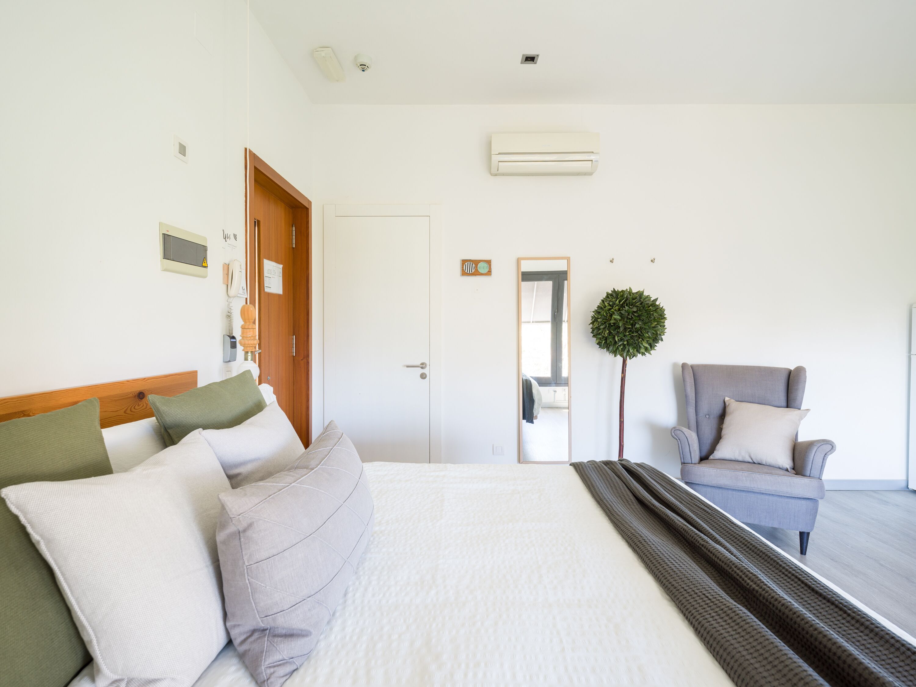 A hotel room with a bed, a chair, a mirror, and a small potted plant.