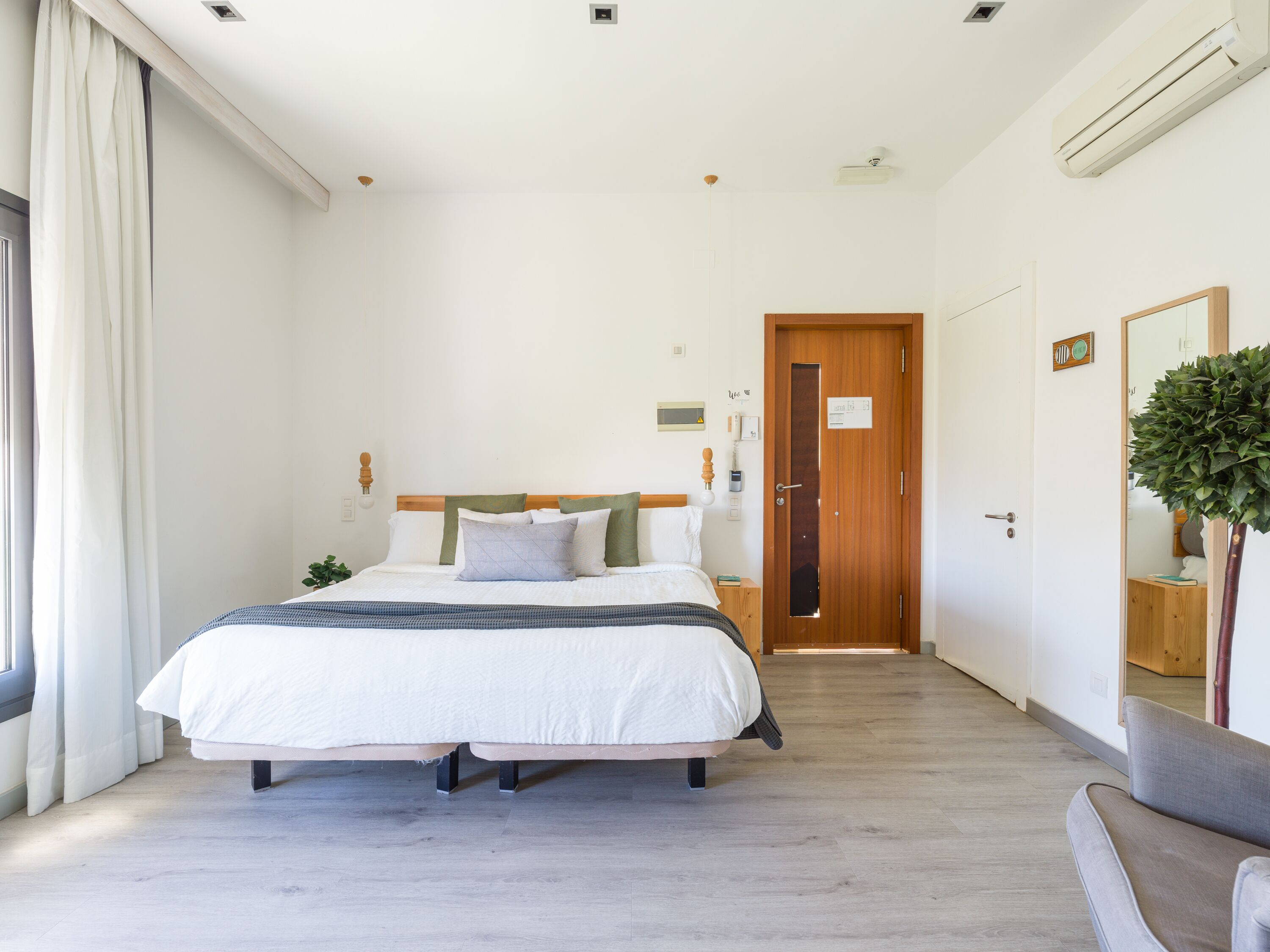 A modern bedroom with a large bed, a bedside table, a mirror, and a potted plant.