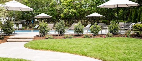 Seasonal outdoor pool, sun loungers