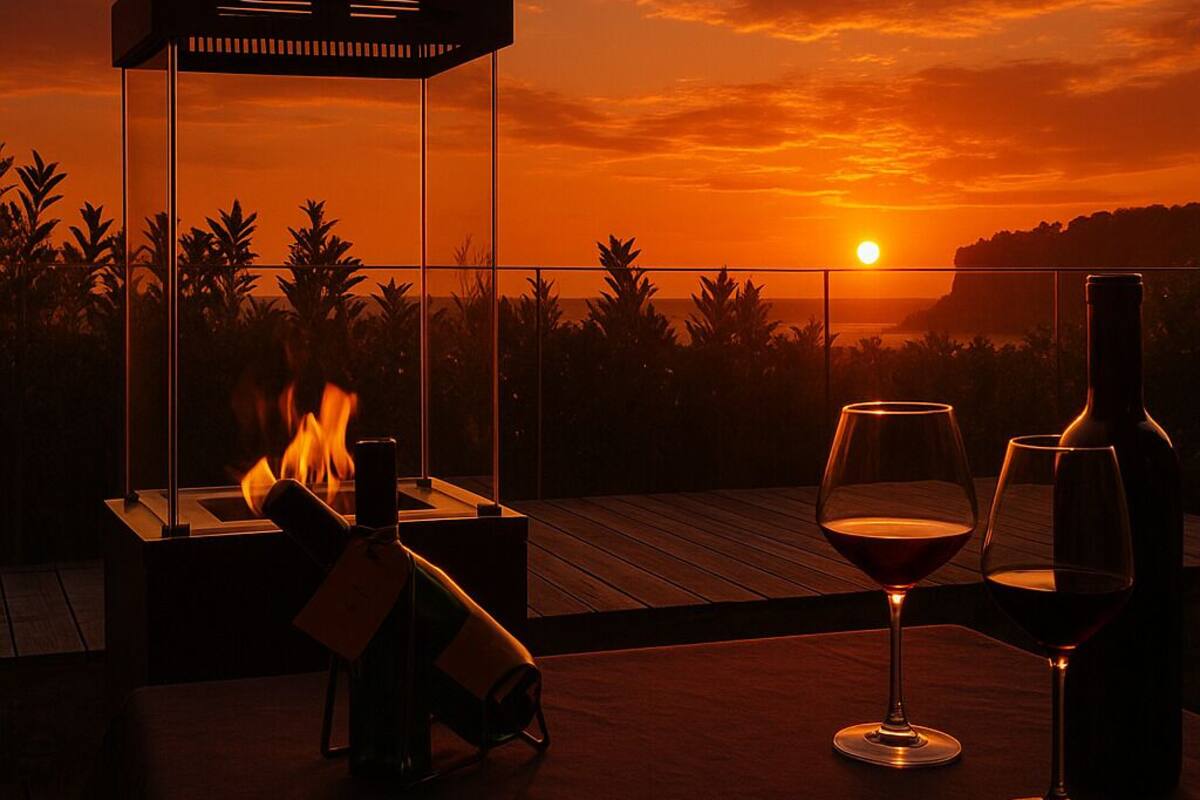 A sunset view from a balcony with a fire feature and wine glasses.