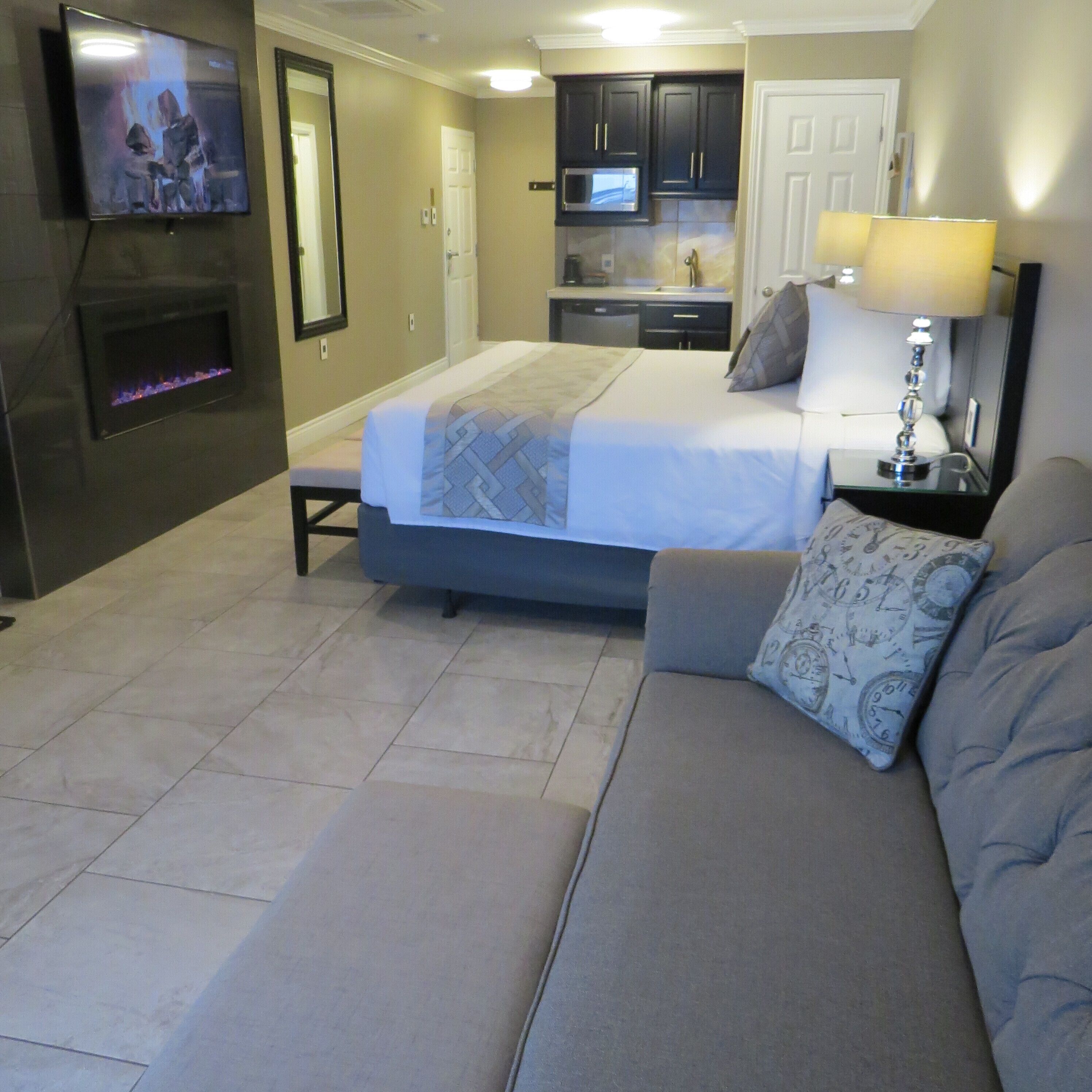 A hotel room with a bed, a sofa, a TV, a microwave, and a fireplace.