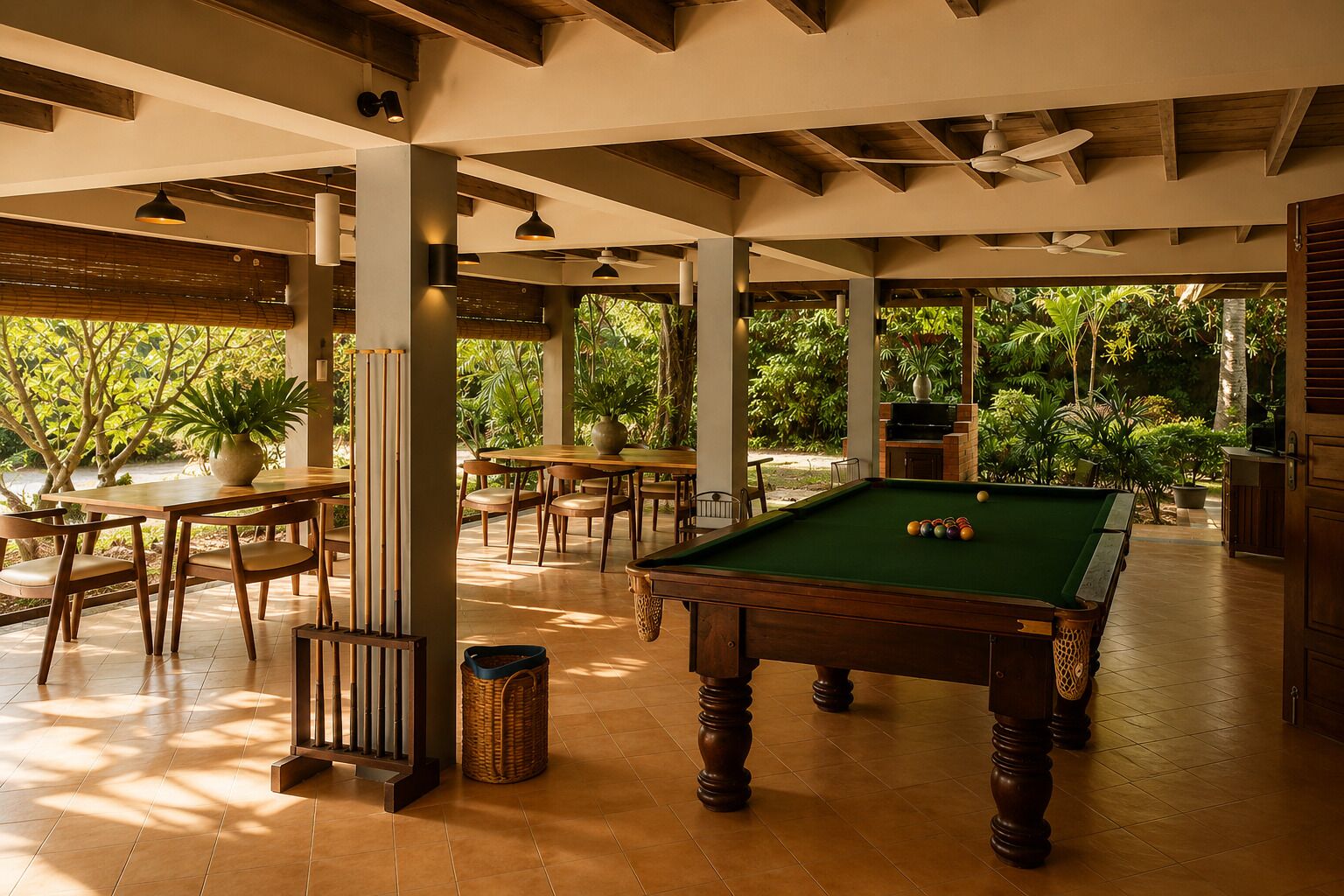 Un espace piscine intérieur comprenant une table de billard, des tables en bois, des chaises et des plantes en pot.
