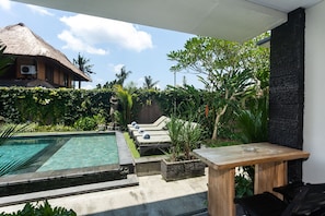 Outdoor pool, pool loungers