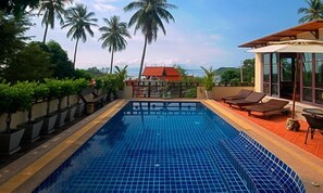 Outdoor pool, pool umbrellas, pool loungers