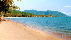 Une plage offrant une vue dégagée sur la mer et les montagnes en arrière-plan.