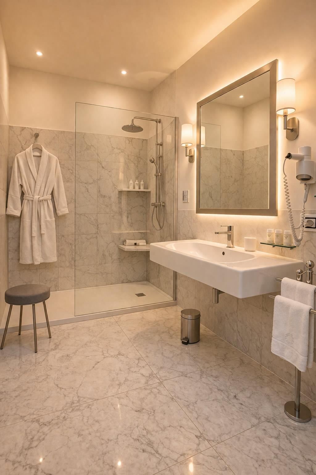 A modern bathroom with a large mirror, a walk-in shower, and a vanity with a sink.