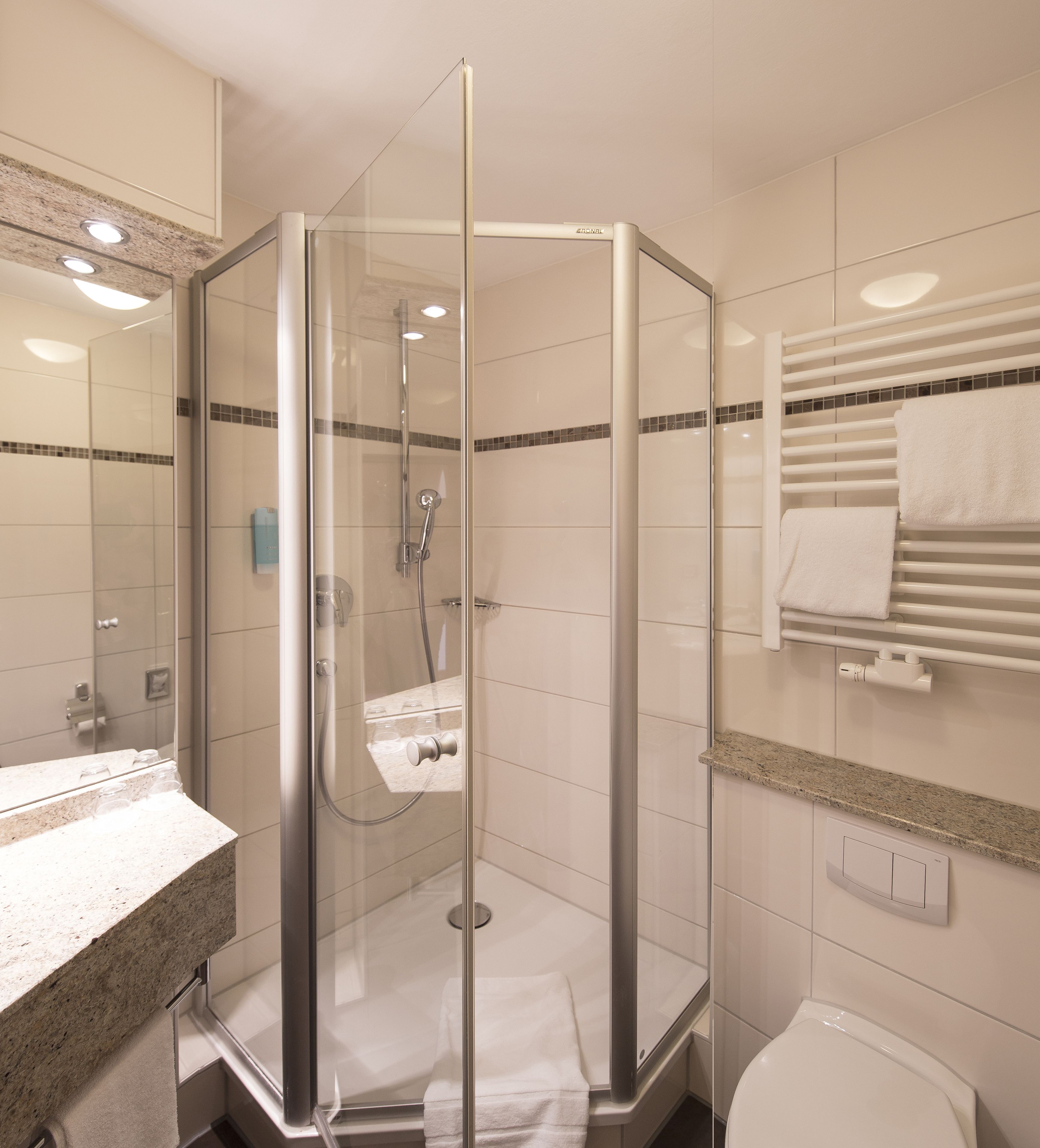 hydromassage showerhead, free toiletries, hair dryer, towels