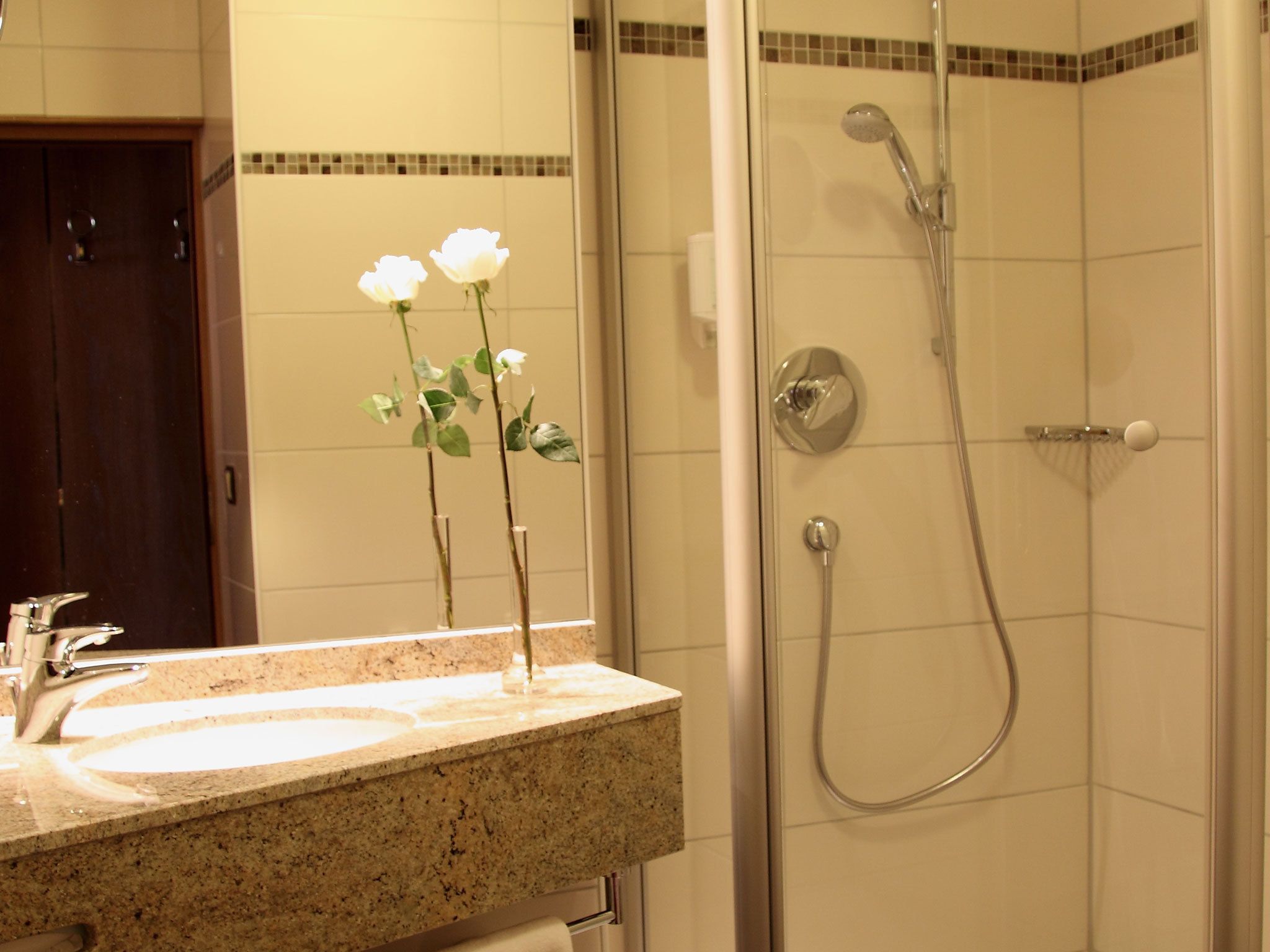 hydromassage showerhead, free toiletries, hair dryer, towels