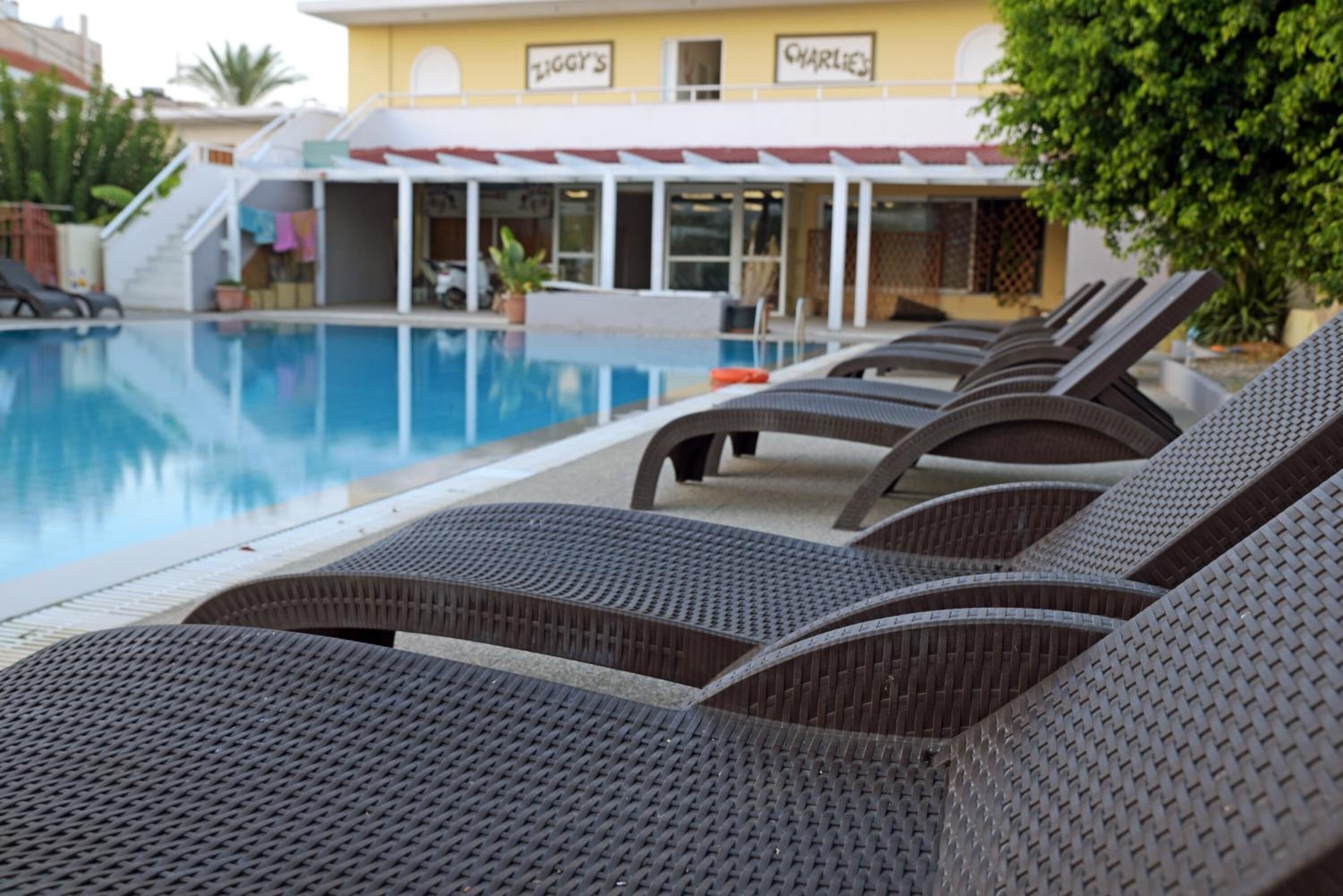 A swimming pool with lounge chairs and a building with signs 'LIGGY'S' and 'CHARLIES' in the background.