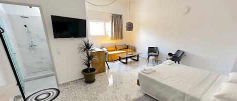 A modern hotel room with a bed, a sofa, a TV, a shower, and a potted plant.