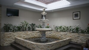 Una fuente de piedra en un patio con pared de piedra, plantas en macetas y un televisor de pantalla plana montado en la pared.