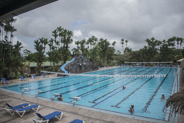 A swimming pool with multiple lanes, surrounded by palm trees and lounge chairs. - Hotel Suerre (Guapiles)