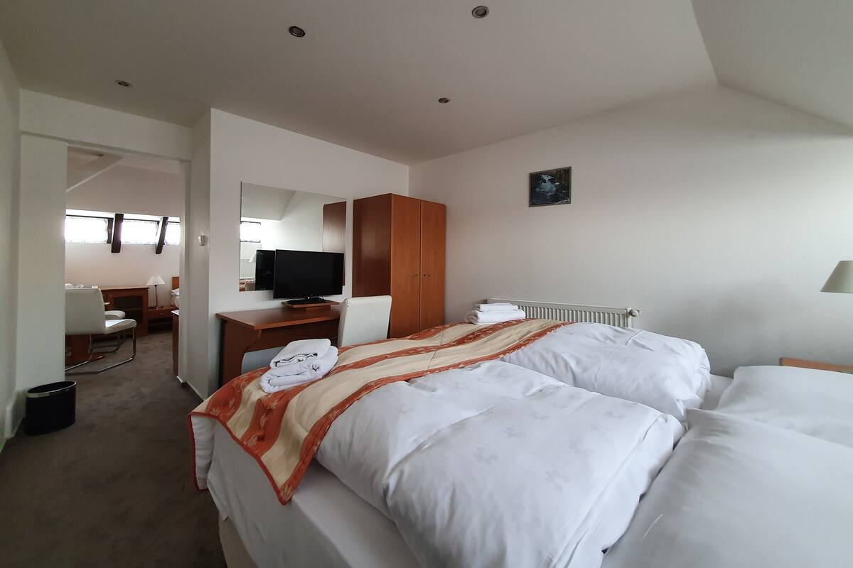 A hotel room with a bed, a desk with a television, a wardrobe, and a small painting on the wall.