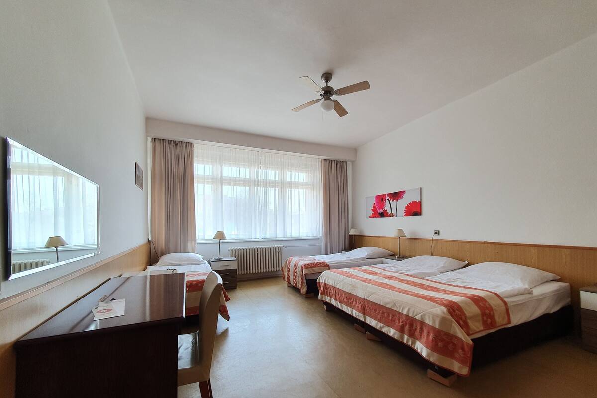 A hotel room with two beds, a desk, a chair, a ceiling fan, a window with curtains, and a radiator.