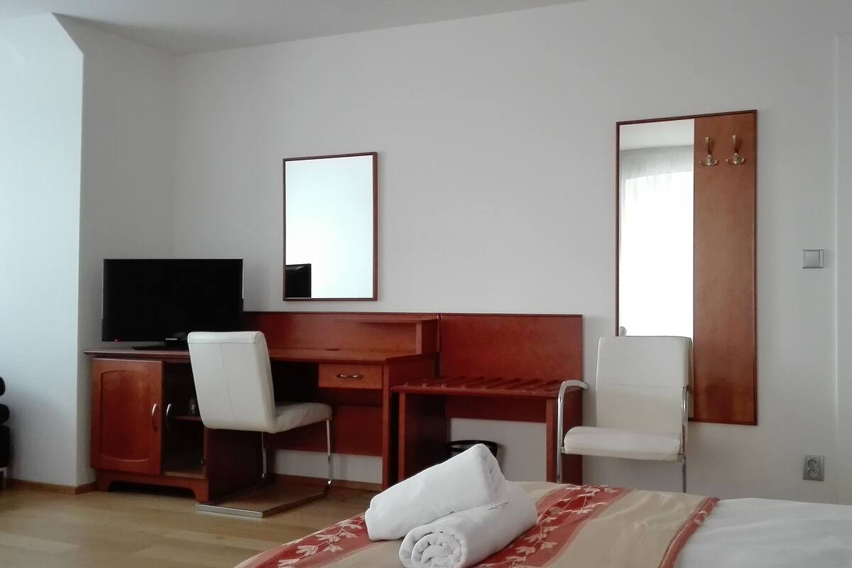 A hotel room with a bed, a desk, a chair, a television, and a large mirror.