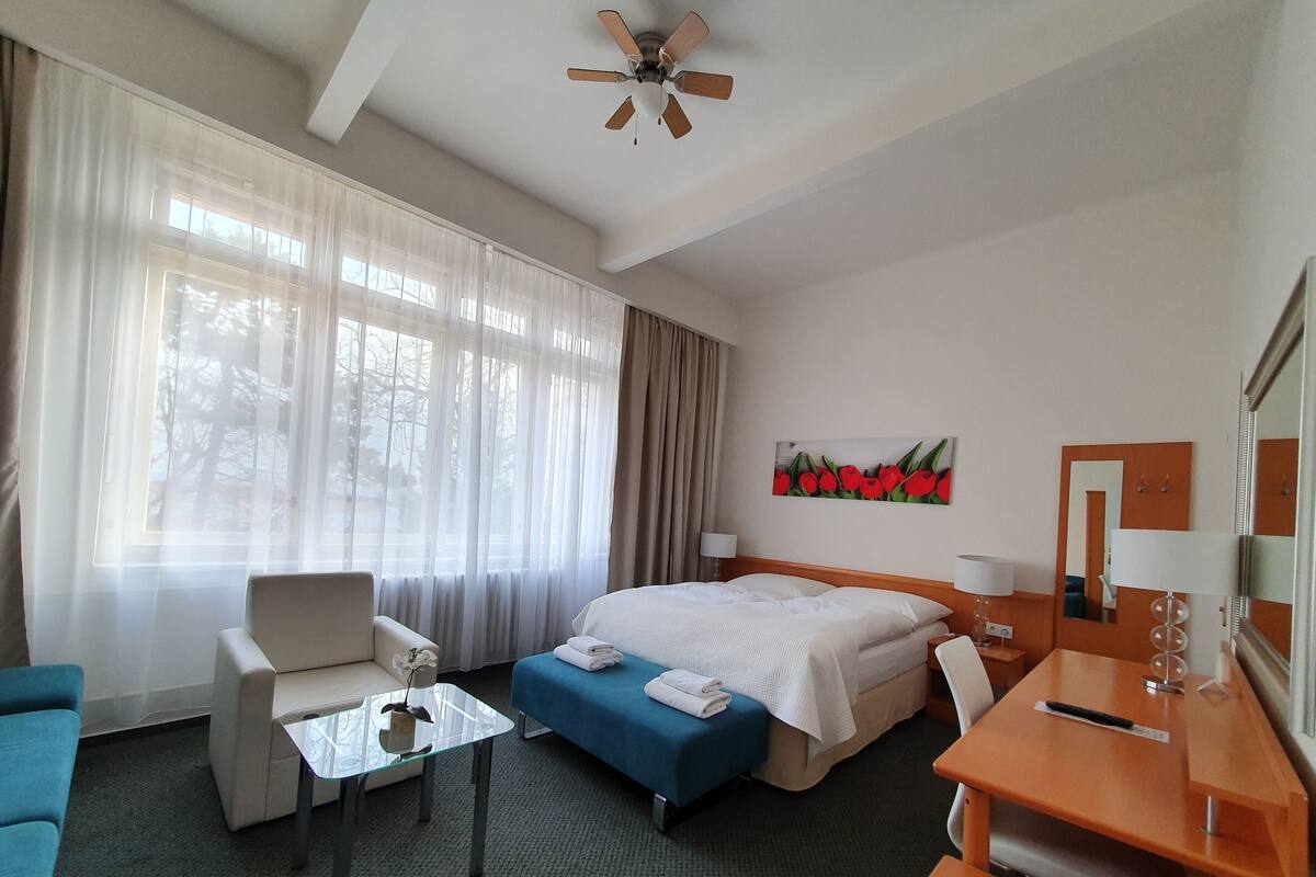A hotel room with a bed, a desk, a chair, a small table, and a window with curtains.