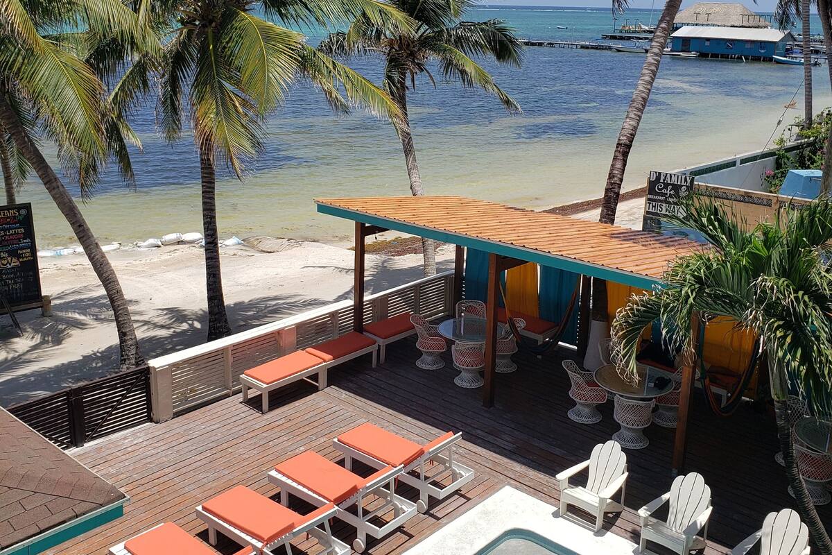 A pool area with lounge chairs and a small pool, surrounded by palm trees and a view of the ocean.