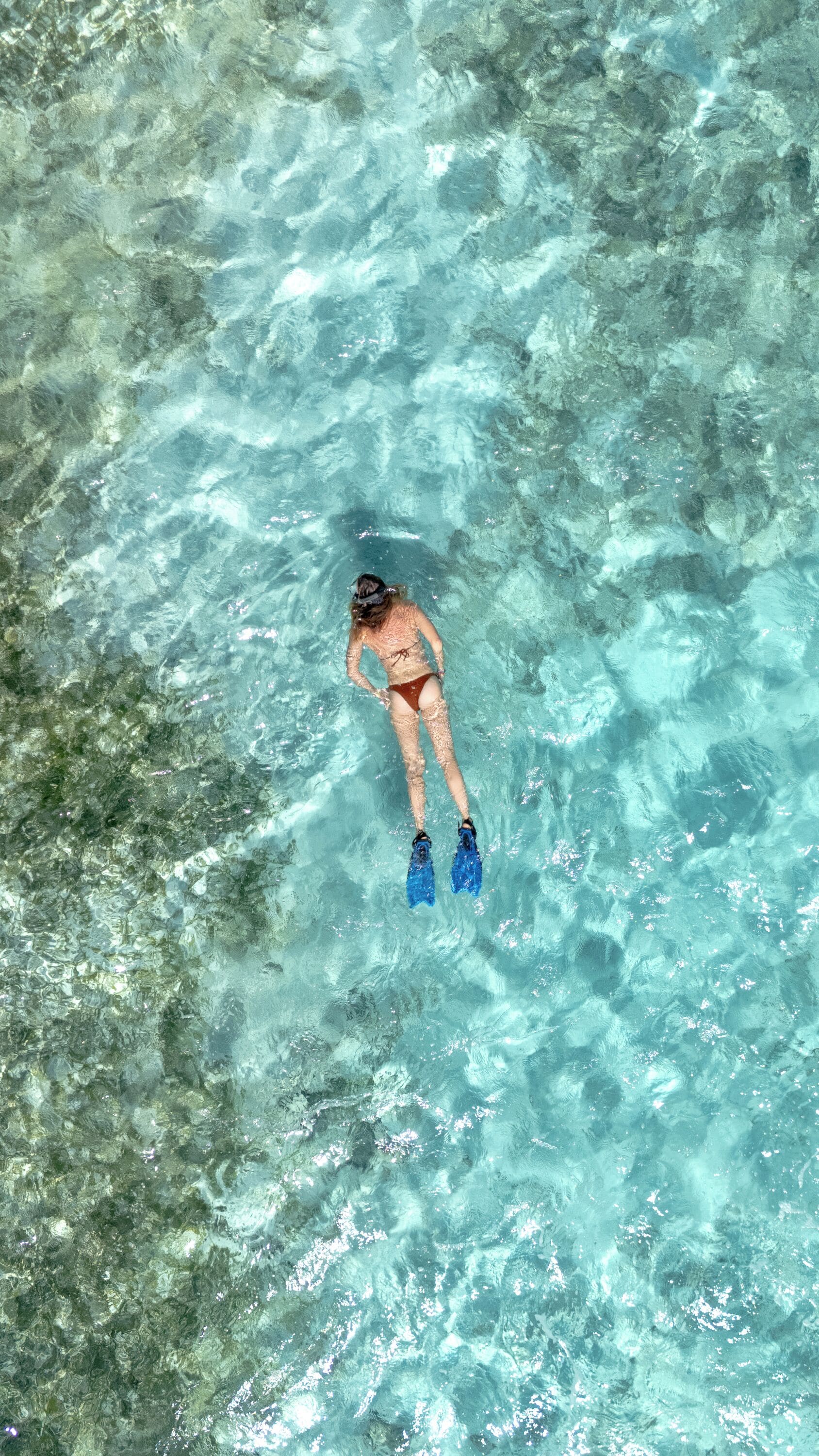 Eine Person beim Schnorcheln in klarem Wasser.