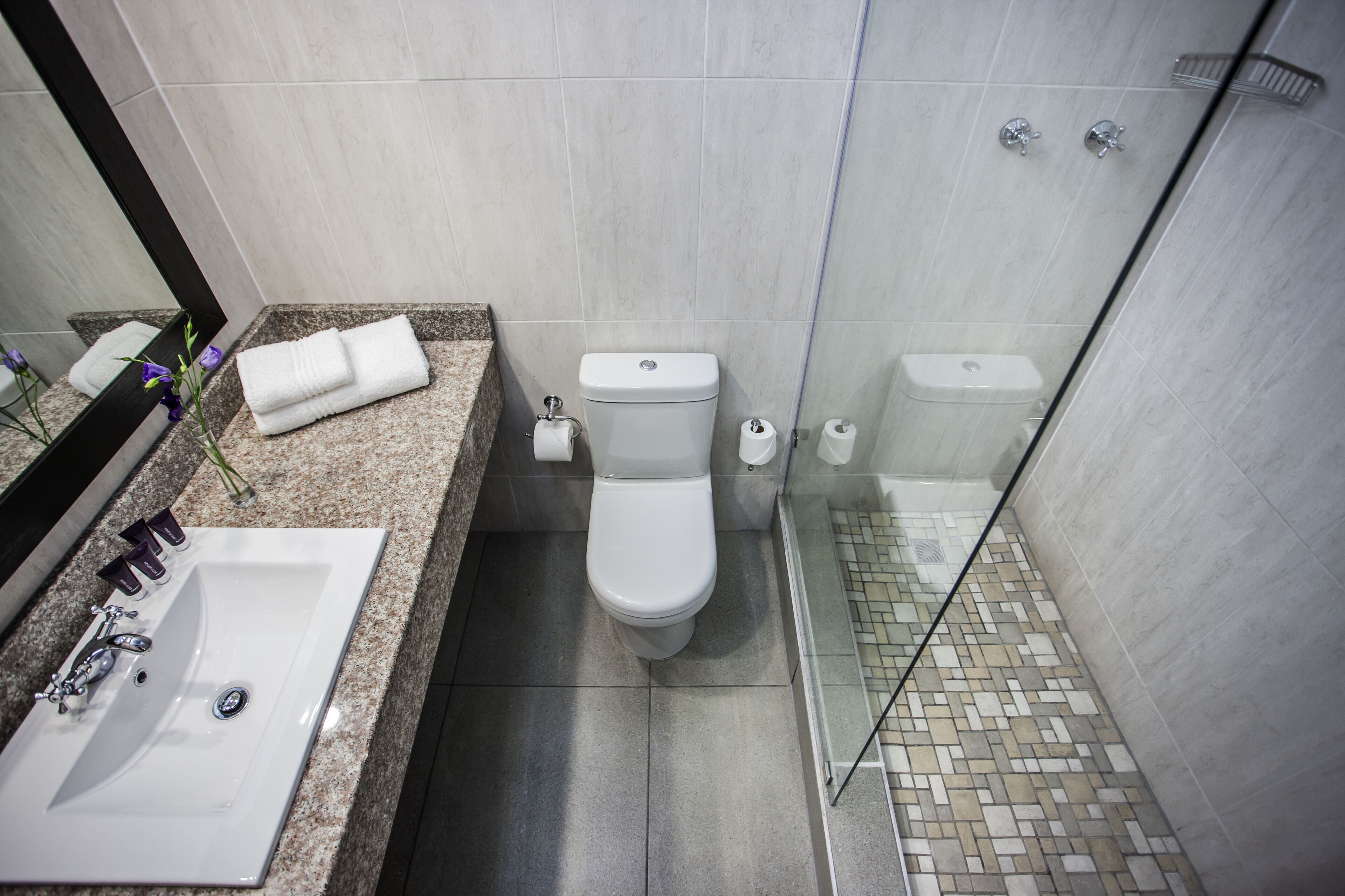 Un baño moderno con encimera de granito, un lavabo blanco, un inodoro y ducha con mampara de cristal.