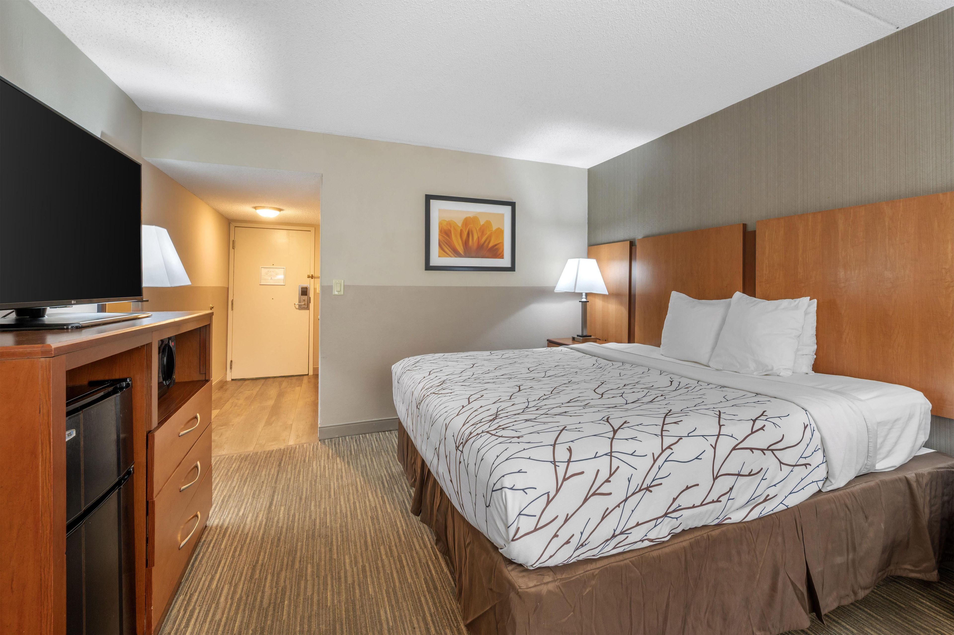 A hotel room with a bed, a desk with a television, a lamp, and a door leading to another room.